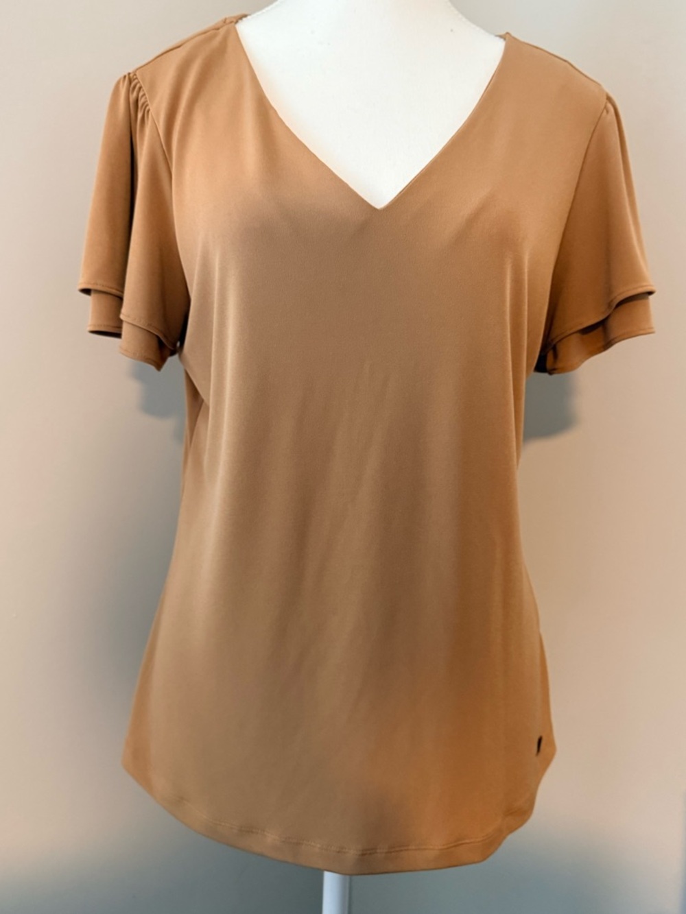 Calvin Klein Camel Flutter Sleeve V-Neck Blouse Top Size Large